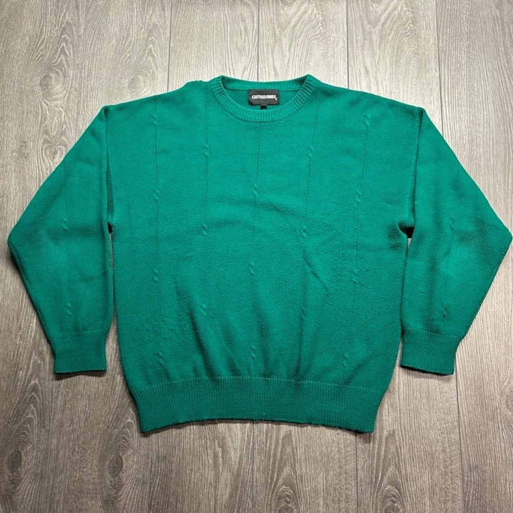 Vintage 80s Custom Made Green Knit Sweater Mens Large Crewneck Textured Pattern